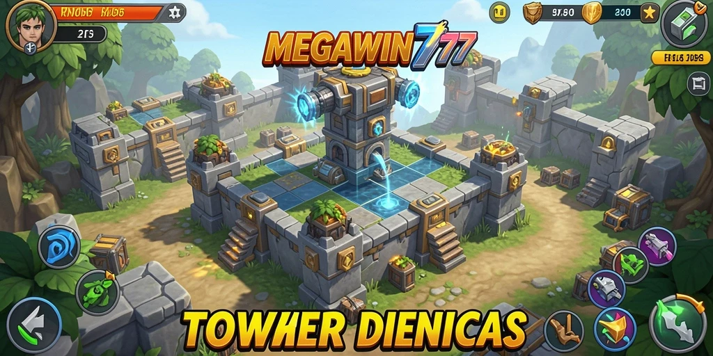 Screenshot gameplay MEGAWIN777 menampilkan pertempuran Tower Defense yang intens.