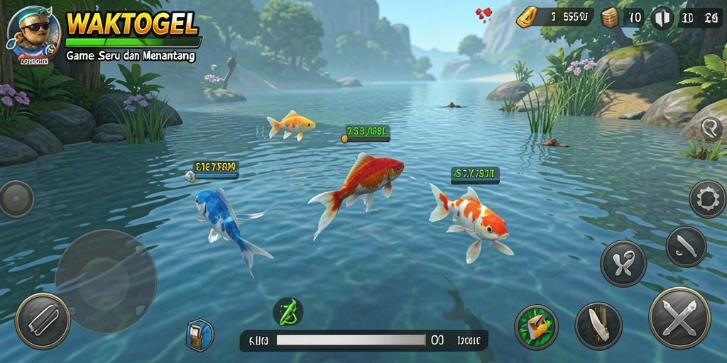 Screenshot gameplay <strong>WAKTOGEL</strong> yang menampilkan aksi memancing yang seru.